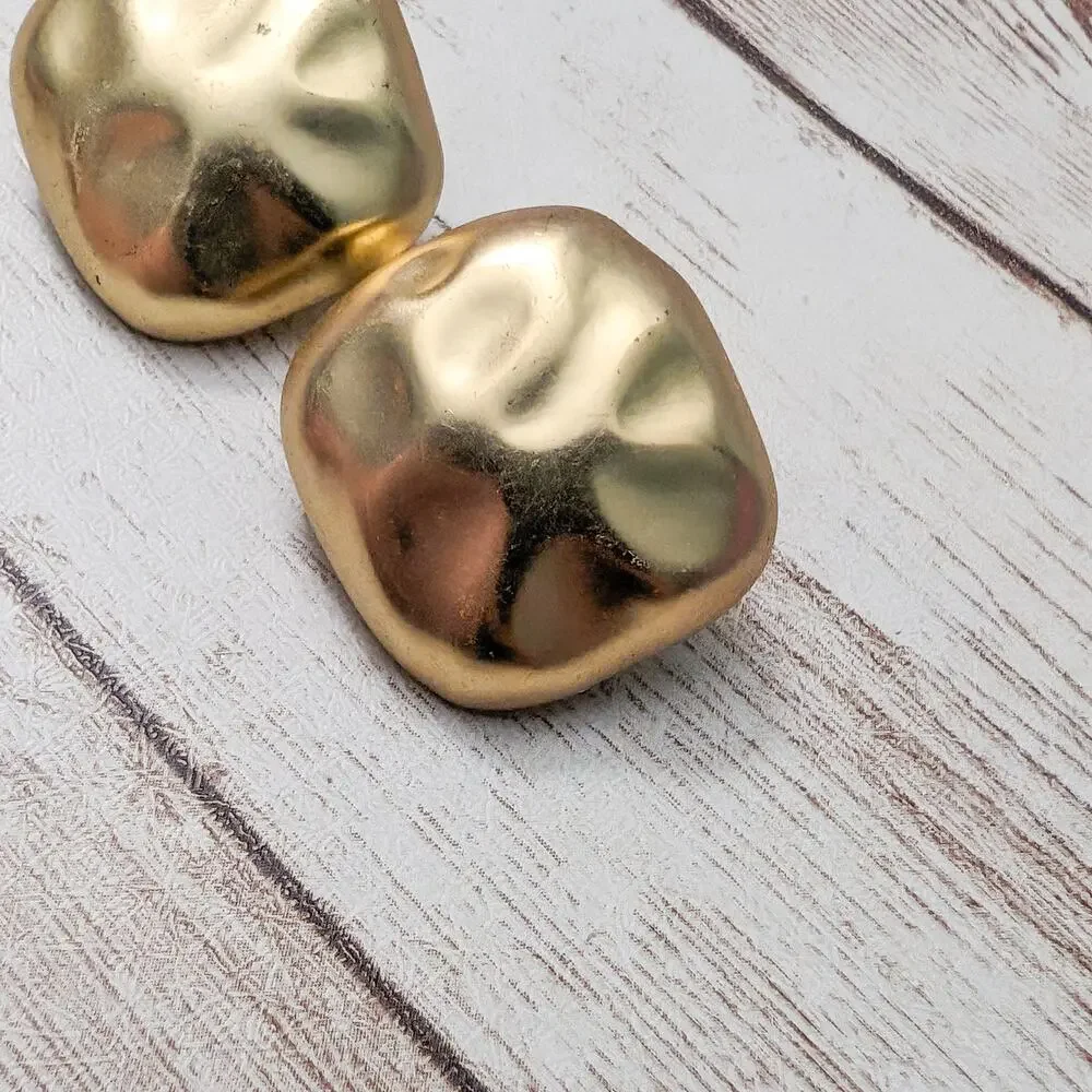 Vintage Clip On Earrings Rounded Square Irregular Gold Tone - Fair Condition